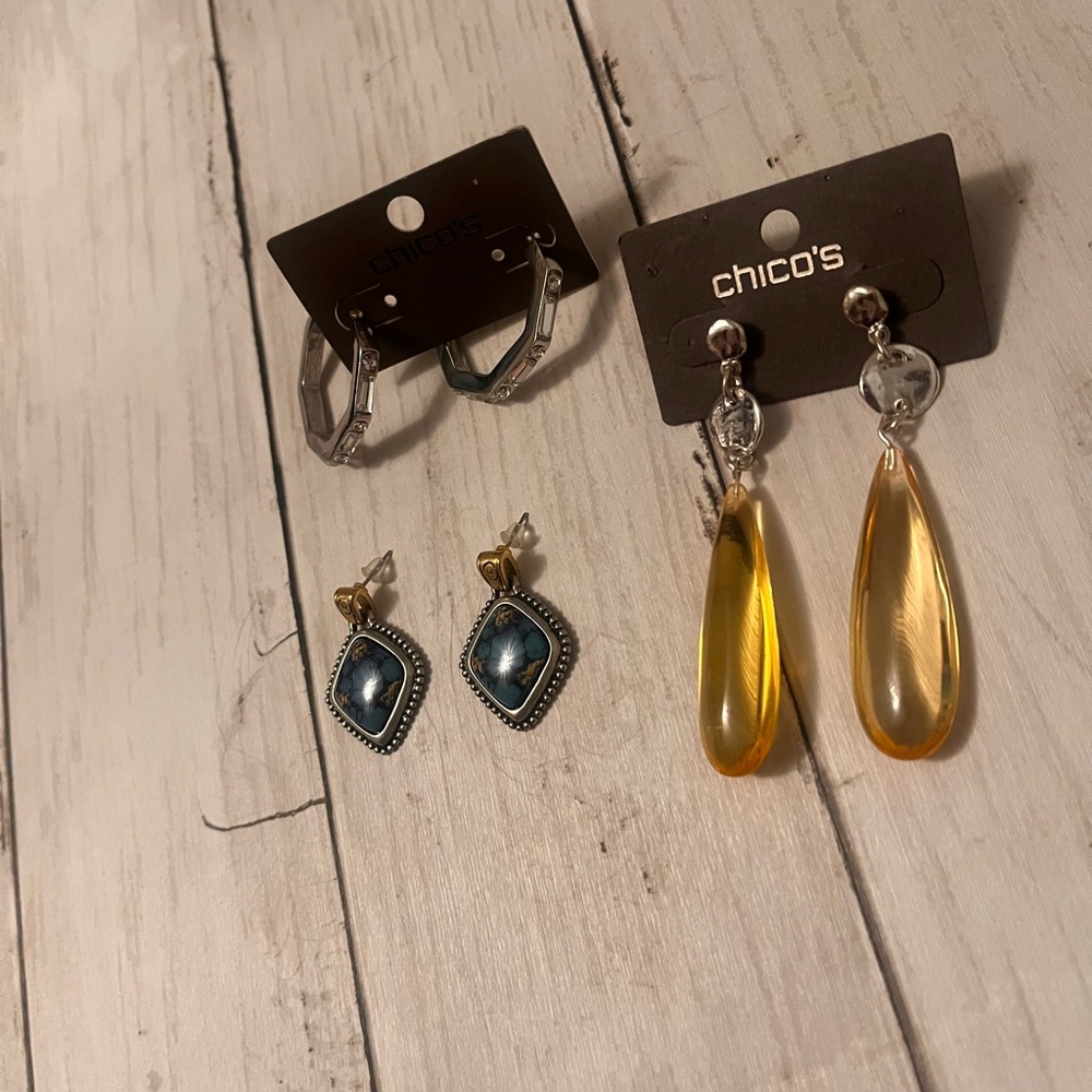 Chico's Silver Hoops, Blue Studs, and Gold Drop Earrings 3 pairs